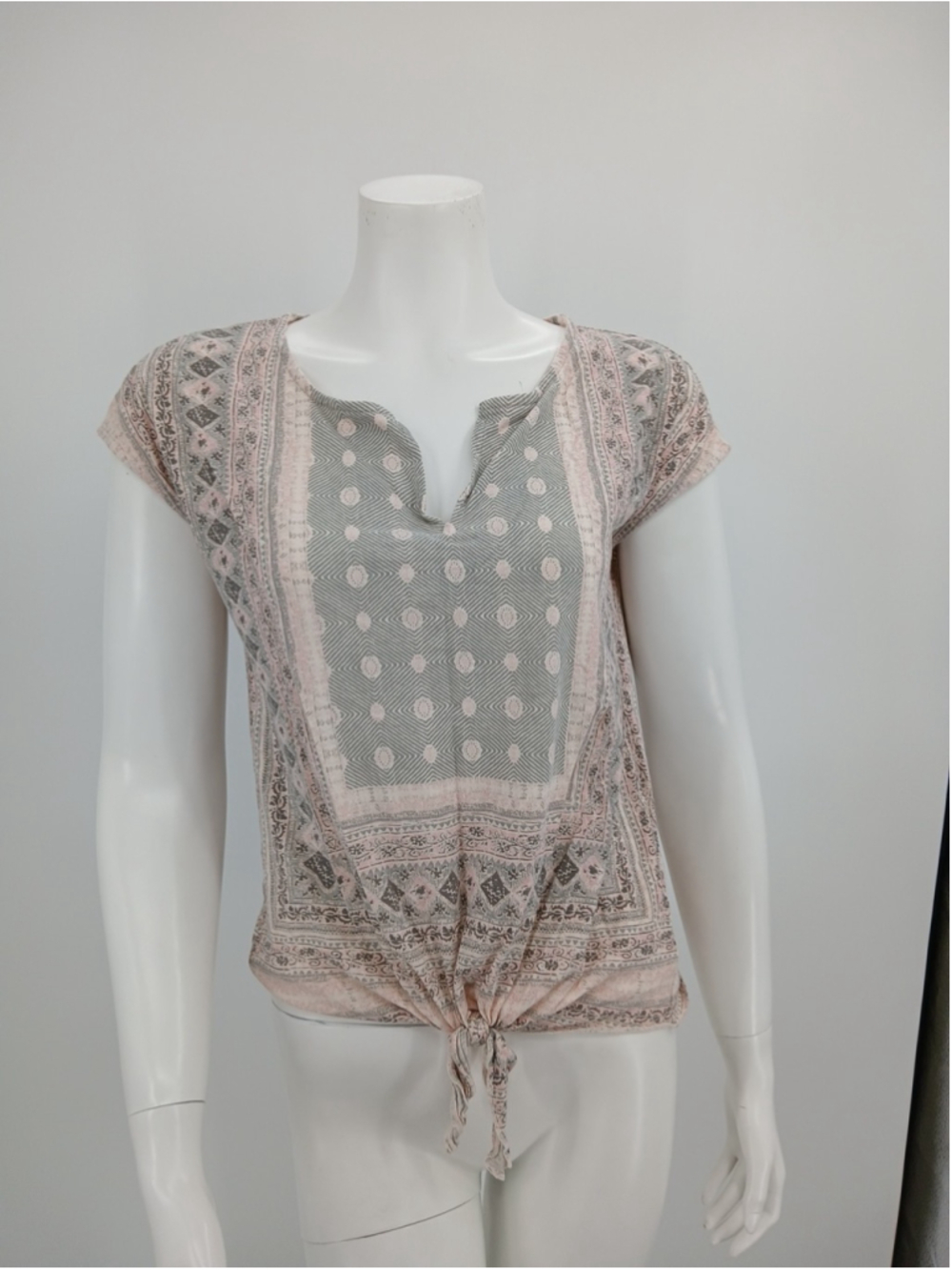 Lucky Brand Top Geometric Top w/Dolman Sleeves & Front Tie Cotton Blend Size S